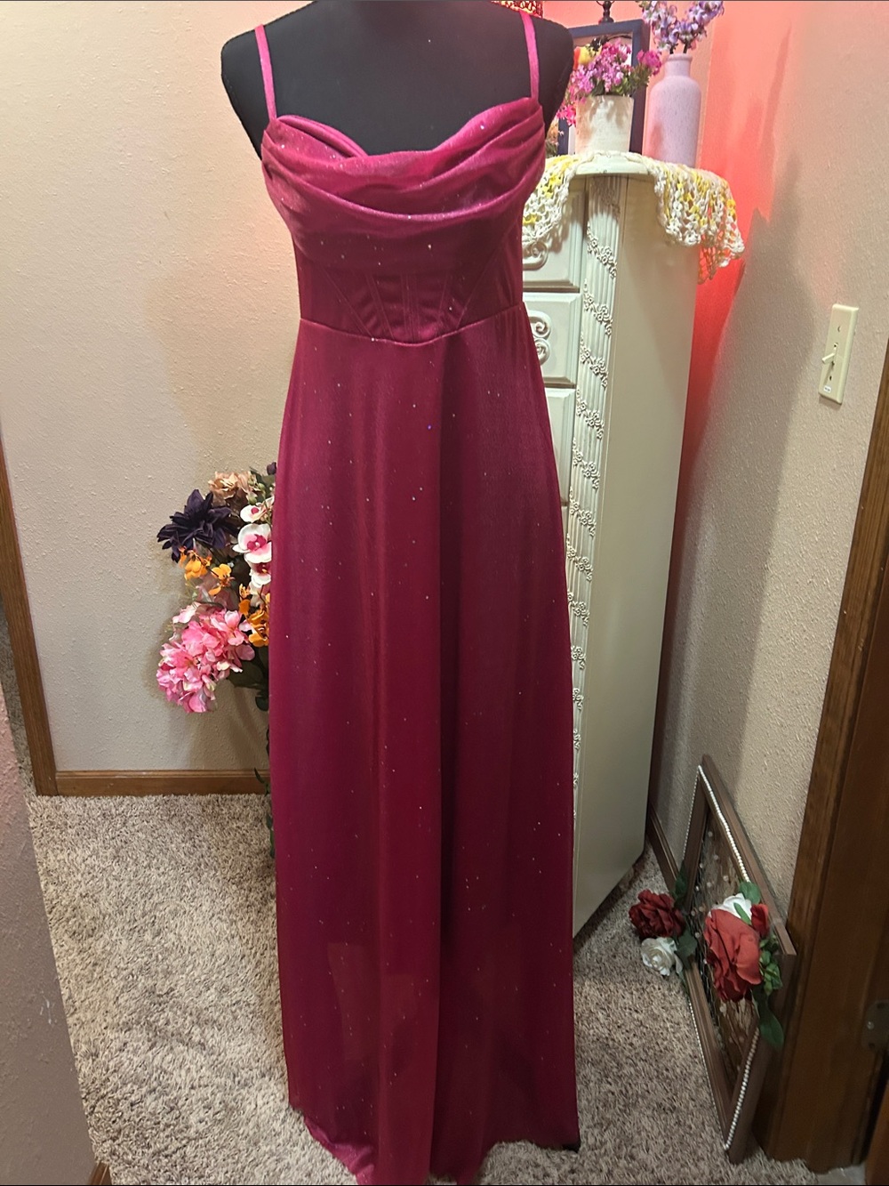 Classic Burgundy Evening Gown with Draped Bodice